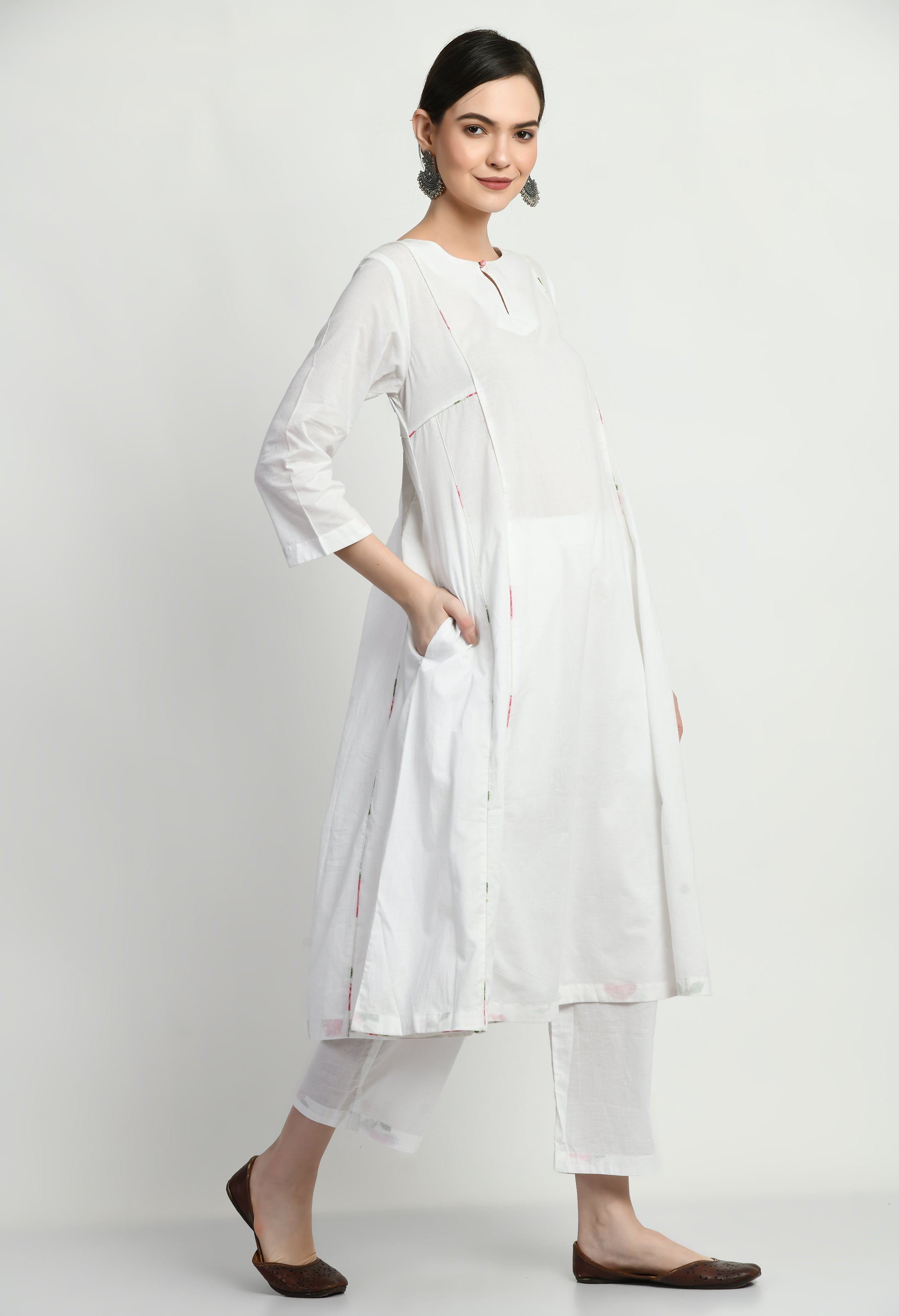 Milky White Panel Cotton Kurta Set | White Kurta Sets for Women